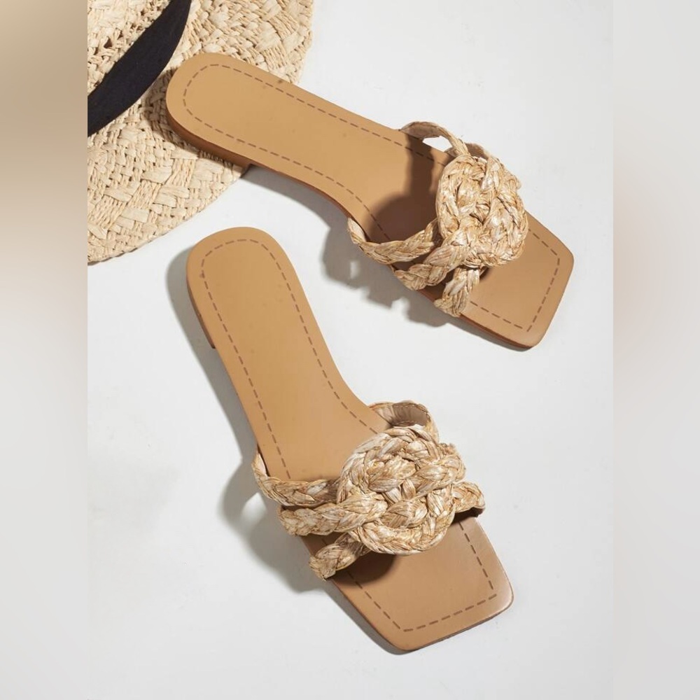 Raffia Woven Gold Straw Tan Slides Sandals EU 39 / US 8